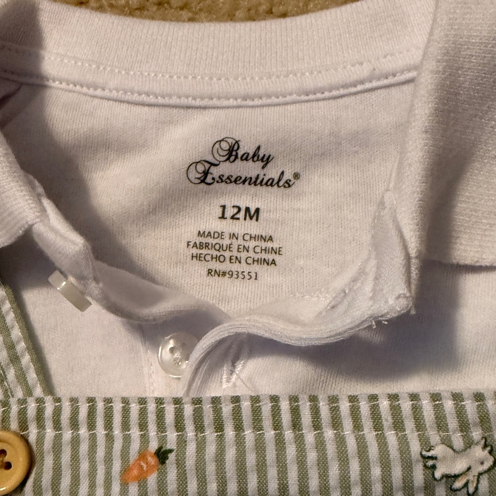 Baby Essentials NWOT Green Striped Bunny Overalls Romper with White Shirt, 12m - Picture 3 of 6